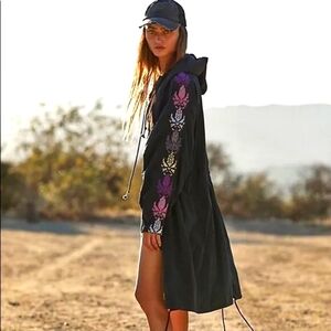 Free People Black Hooded Coat with Purple Embroidery